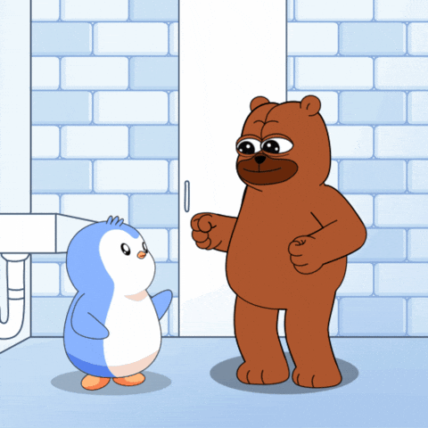 BONKO fist-bumping Pengu in the igloo bathroom