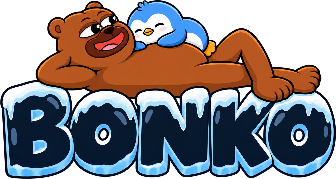 BONKO the bear lounging on his icy name with a sleepy penguin