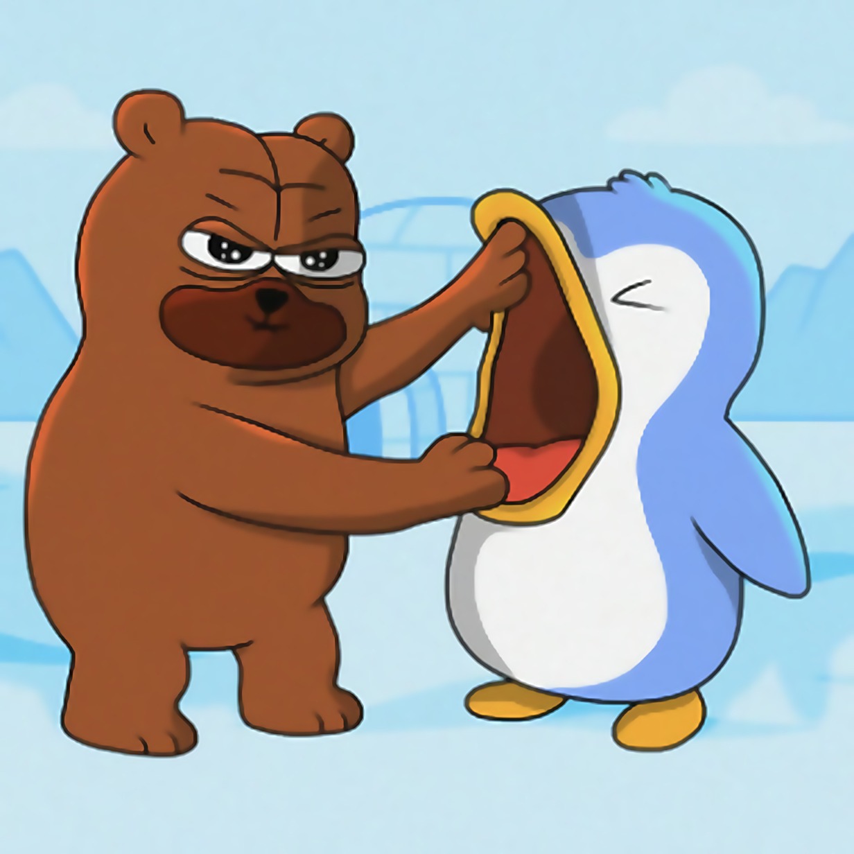 BONKO pulling open a penguin’s beak in front of an igloo