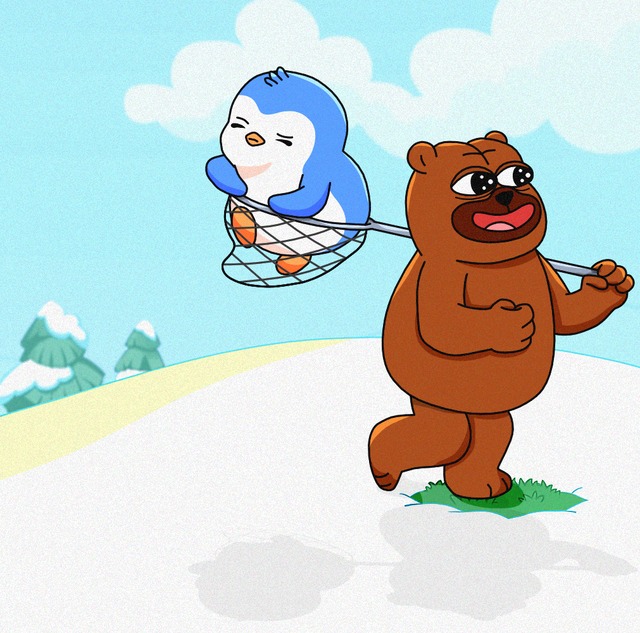 BONKO walking in the snow with a penguin caught in his net